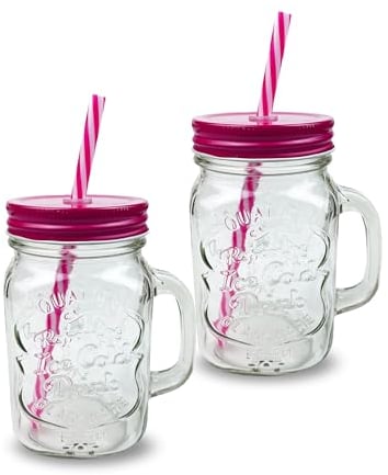 G4GADGET 2 X 500ml Glass Mason Drinking Jars Bottles Party Drink Glasses + Lids and Straws