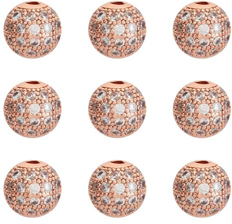 PandaHall 10pcs Round Cubic Zirconia Beads 8mm Real Rose Gold Plated Metal Spacer Loose Beads for DIY Bracelet Necklace Jewelry Making