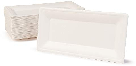 GREENBOX Lot de 50 assiettes jetables compostables en canne à sucre - Assiettes de fête rectangulaires - 26 x 13 cm - Blanches - Assiettes biodégradables en canne à sucre pour apéritifs, antipasti,