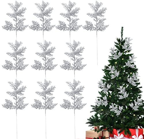 MOTONG 10 PCS Glitter Christmas Pine Leaves Picks, Artificial Needles Simulated Branch for Xmas Tree Wreath Seasonal Decoration (Silver)