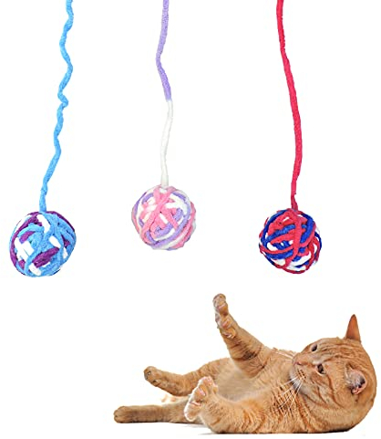 Andiker 3 Piezas Juguete de Bola de Gato, Divertidos Bola de Lana de Hilo Coloridos de Gato con Cuerda, Juguetes de Campana Interactivo para Gato Masticar Rascarse