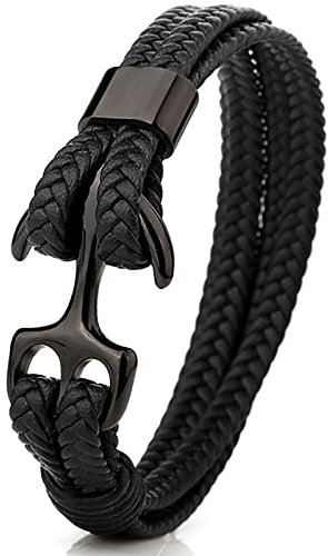 Gleamart Black Anchor Bracelet for Men Stainless Steel Leather Braided Rope Bangle Bracelet