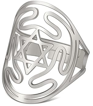 SIPURIS Pentagramm Ring für Männer Pentagramm Davidstern Sechszackiger Stern Ausschnitt Einstellbare Offene Ringe Edelstahl Hexagramm Keltischer Knoten Triqueta Kreuz Schmuck (Hexagramm Sliver)
