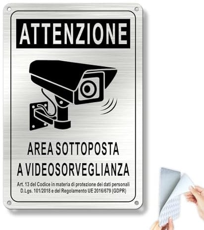 SINMAO Cartello Area Videosorvegliata a Norma di legge Spazzolato Alluminio con Adesivo 15x22 GDPR 2023