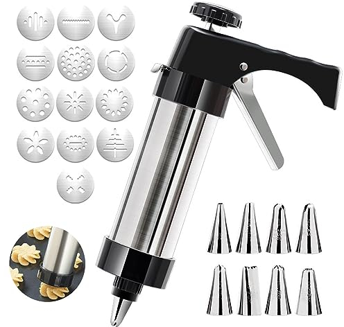 Ockyunoo Pistola de Prensa para Hacer Galletas, Máquina de Galletas de Acero Inoxidable, Máquina para Hacer Galletas, con 13 Moldes de Disco Y 8 Boquillas, para Decoración de Tartas y Galletas