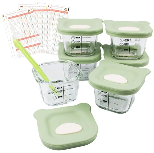 HELLO HIPPO® Lots de 6 Petit Pots en verre Bébé 160ml - Idéaux pour Compotes, Purées et Fruits, Hermétiques et Pratiques avec Graduation, Cuillère Incluse - Parfaits pour les Repas de Bébé