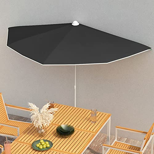 Gecheer Sonnenschirm Halbrund, Halb-Sonnenschirm mit Mast, Balkonschirm Marktschirm mit 5 Stahlrippen Sonnenschutz 180x90 cm Schwarz
