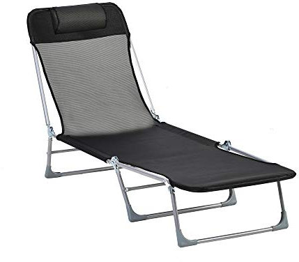 Outsunny Bain de Soleil transat Chaise Longue inclinable Pliable avec Oreiller Dossier réglable sur 5 Niveaux dim. 182L x 56l x 28H cm Noir
