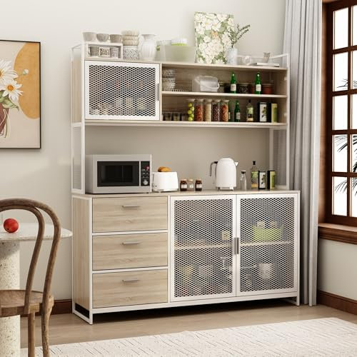 PREMTURE Kitchen Pantry Storage Cabinet, Cupboard with 3 Drawers, 174H x 40D x 150W cm Free Standing Kitchen Dresser, Industrial Design Wine Cabinet for Kitchen, Living Room and Dinning Room, Oak