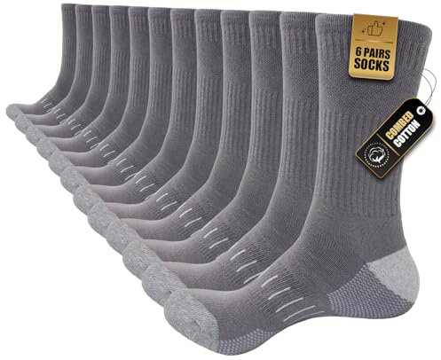 Stoeury Cushioned Mens Socks, Cotton Mens Work Socks, Crew Walking Socks Womens Mens, 6 Pairs Athletic Sports Socks for Running Outdoor Hiking Cycling, Grey, 6-8