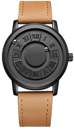 Hoomeast Magnetic Watch for Mens Roman Numerals Creative Magnetic Levitation Balls Dial Waterproof Quartz Wrist Watches Business Casual Fashion Wrist(Black brown/belt)