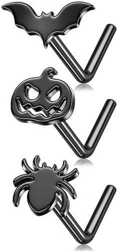 Melighting 3 schwarze Nasenstecker, 20 g, Spinnen-Nasenringe, Halloween-Nasenstecker, L-förmig, Nasenpiercing, Schmuck, Fledermaus-Nasenpiercing, Ohrstecker, 20G 7mm, Edelstahl