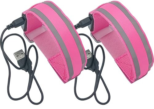 Editbar 2er Set LED Armband Aufladbar - Leuchtarmband für Laufen & Radfahren, Reflektierendes USB Lichtarmband, Led Armbänder Leuchtband, Reflektorband Licht Für Nachtlauf,Outdoor Sport,Konzerte(Rosa)