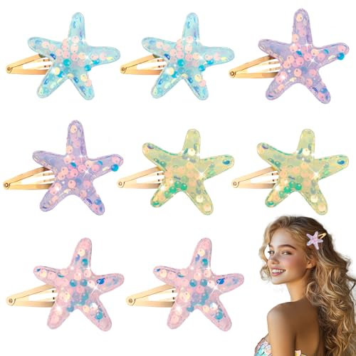8 Stück Seestern Haarspangen, Stern Haarspangen, Seestern Haar Accessoires, Pailletten Haarnadeln, Glitzerndes Haar Krokodilklemme, glitzerndes Haar für Kinder Mädchen