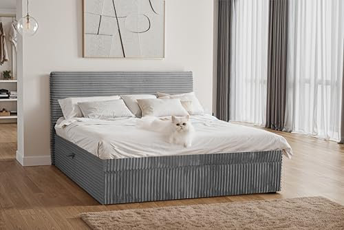 Kaiser Möbel - Bett 200x200 cm, Boxspringbett mit Bettkasten und Topper, Cord Schlafzimmerbett, Doppelbett mit Stauraum und Gepolstertes Kopfteil, Toppermatratze aus Viscoschaum - Trento - Dunkelgrau