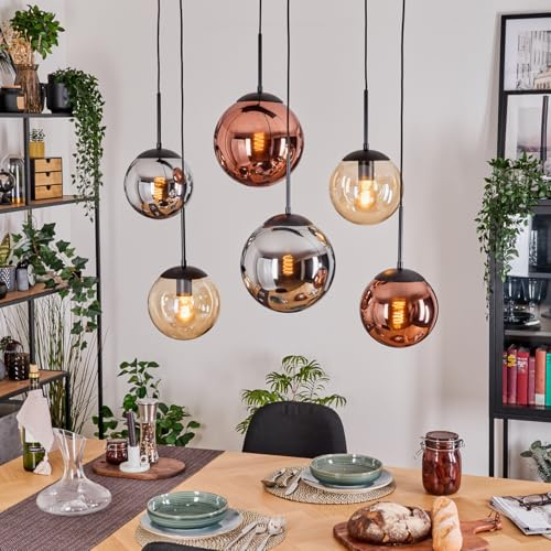 HOFSTEIN Hängeleuchte Gastor, 6-flammige Hängelampe aus Metall/Glas in Schwarz/Chrom/Rauch/Bernstein/Kupfer, Pendelleuchte im Vintage-Design (Schirme Ø 20; 25 cm), E27, Esszimmer, Küche, Wohnzimmer