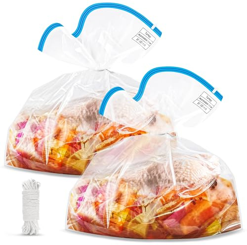 Extra Large Brining Bags for Turkey with String, 2 Packs of Brining Bag for Turkey, Turkey Brine Bags with Double Zippers for Marinade, Catfish, Steak, with Date Label, 66x56cm