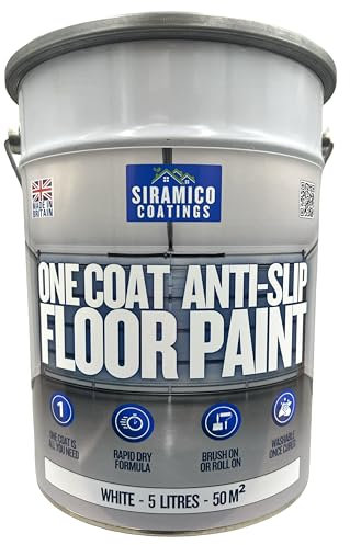 SIRAMICO COATINGS One Coat Anti-Slip Floor Paint | 5 Litres | 5 Modern Colours I Waterbased, Quick Drying Formula | White, Black, Greys (White, 5 Liters)