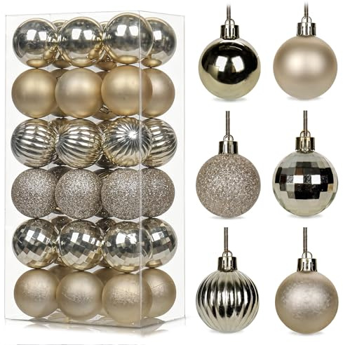36Pcs Champagne Gold Baubles for Christmas Tree, 3cm Mini Shatterproof Plastic Christmas Balls Ornaments with Strings, 6 Design Xmas Baubles Hanging Balls for Xmas New Yew Wedding Holiday Party Decor