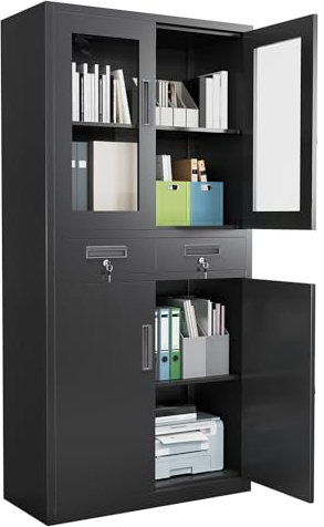 Aktenschrank, Mehrzweckschrank Metallschrank, Büroschrank Stahlschrank Lagerschrank Werkstattschrank mit Glastüren 2 Schubladen 2 Verstellbaren Einlegeböden Abschließba Büromöbel 35.4X15.8X70.9 In