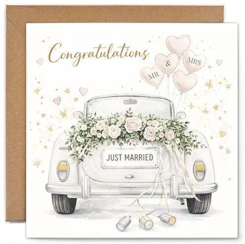 YISCOKO Wedding Card Congratulations to The New Mr & Mrs,Classic Car Design,Square Wedding Cards for Bride and Groom-148x148mm.Supplied with Envelope and Gold Sticker.