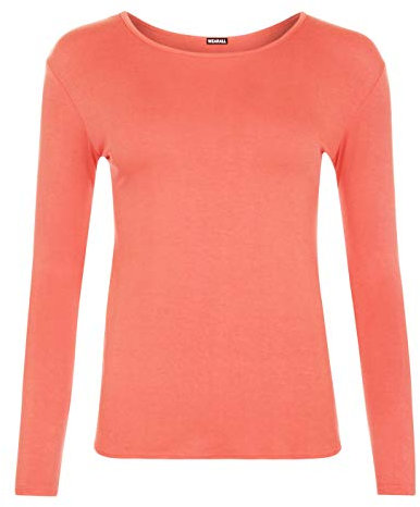 Ladies Womens Plain Long Sleeve Round Neck Top Basic T Shirt Layering Plus Sizes UK 8-18 (S/M (UK 8-10), Coral)