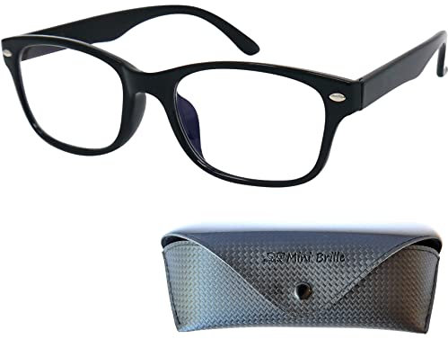Mini Brille - Elegantes Gafas Luz Azul Unisex para Leer, Cristales Transparentes que Bloquean la Luz Azul, Incluye Funda incluye, Montura de Plástico (Negra) +1.5 Dioptrías