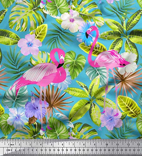 Soimoi Blau Baumwoll-Popeline Stoff Flamingo, Tropische Blutter & Blumen- gedruckt Craft Fabric 1 Meter 56 Zoll breit