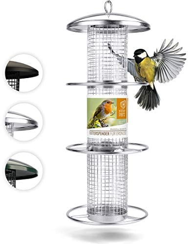 wildtier herz | Vogelfutterspender 35cm - Erdnussfutterspender aus rostfreiem Edelstahl, Vogel Futterstation, Futtersäule, Nüsse Erdnüsse, Wildvögel Futtersilo, Silber
