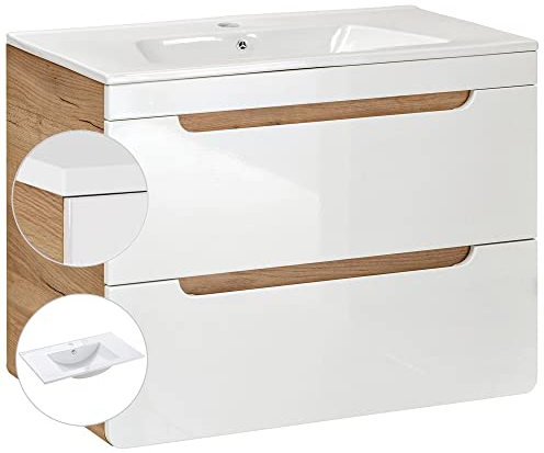Lomadox Waschtisch mit Unterschrank Hochglanz weiß Wotan Eiche Nb., 81 cm Keramik Waschbecken, Softclose-Schubkästen