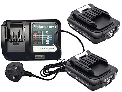 Replace Battery 2 X 12V 2.0A BL1020B BL1021B BL1016 BL1041B 197396-9 Compatible with Makita DF031D DF0331D TD110D JR103D JR105D HP332D DC10WD DC10SB + for Makita Charger DC10WD DC10SB DC10WC