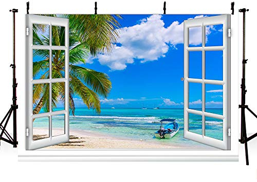 MEHOFOND 2,4 x 1,8 m Sommer Strand Fenster Hintergrund Meereslandschaft Strand Palme Hawaii Tropischer Strand Fotografie Hintergrund Home Tapete Dekoration Studio Requisiten