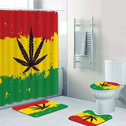 AIDEMEI Jamaica Flag Rasta Leaf Duschvorhang Set Wasserdicht Reggae Musik Badezimmer Vorhang Wasserdicht Toilettenmatte Badezimmer Dekor 180X180Cm