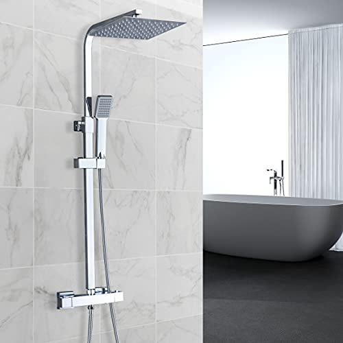 Bathroom Thermostatic Shower Mixer Set Handheld Shower and with Adjustable 8 Overhead Rainfall Shower Head Twin Head & Body Chrome Plated Set