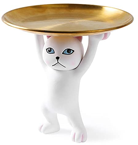 Lsaardth Katzenfiguren Serviertablett, Snack Obst Tablett Harz Katze Statue Holding Gold Serviertablett Schlüssel Tablett für Eingangsbereich Tischdekoration Wohnkultur