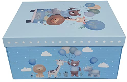 Babyblaue Erinnerungsbox mit Deckel, ideal für Geburtstage, Weihnachten, Taufe und Babyparty, Geschenkkorb, 34 x 23 x 14 cm