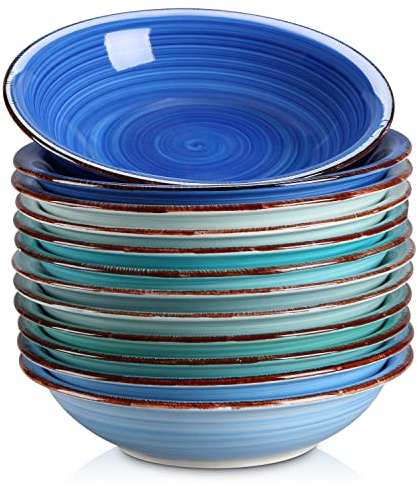 vancasso Platos Hondos serie Bonita Juego de Plato de Sopa 12 piezas 750ml Vajilla Vintage de Cerámica Borde de Marrón Bobinas pintadas a mano Esmalte de Color de doble cara- Azul