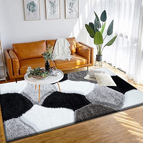 Stylish Large Area Rugs For Living Room - Non Shedding Dense Pile Shaggy Rug For Bedroom Kitchen Carpet Runner Non Slip Floor Mat (60 x 220 cm - 2 ft x 7 ft 3 in, Black White Silver - Pona)