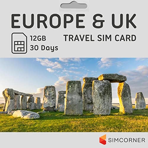 SimCorner Europe UK Travel SIM Card (12GB, 30 Days) - Prepaid SIM w/Data, Unlimited Calls & SMS to EU & UK Numbers - 3-in-1 Hotspot/Tethering Card: Standard, Micro, Nano SIM for Unlocked Phones