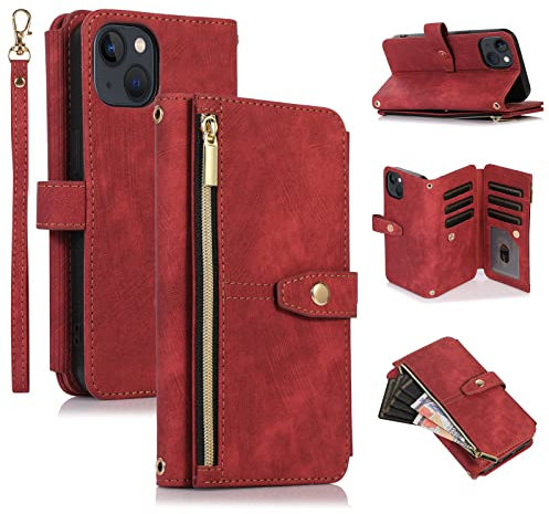 UEEBAI Hülle für iPhone 14 6.1 inch, 9 Kartenfäche Retro Leder Geldbörse Stoßfest Flip Case mit Handschlaufe Standfunktion Reißverschluss Handyhülle Magnetverschluss Wallet– Retro Rotwein