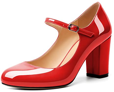 AUMOTED Women Mary Jane Pumps Red 8.5 CM Block Mid Heel Close Round Toe Ankle Strap Dress Shoes Wedding Bridal Event Evening Patent UK 9