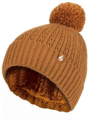 HEAT HOLDERS Ladies Thermal Cable Beanie Hat Winter Knitted Pom Pom Hat | Soft Ribbed Bobble Hat