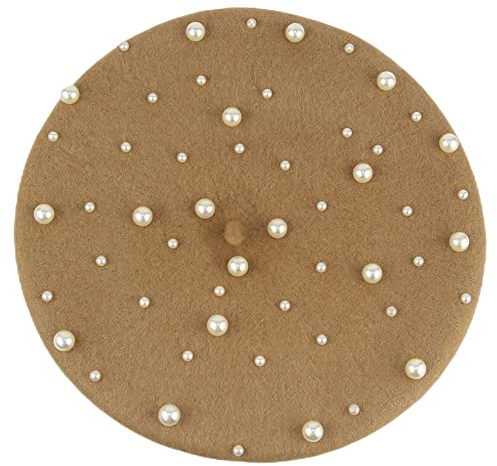 MINAKOLIFE Damen Baskenmütze, 100 % Wolle, französische Künstler, mit Perle, camel, 56-58 cm