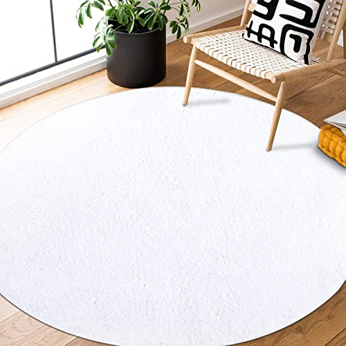 payé Teppich Rund Hochflor Shaggy - 120x120cm - Weiß Einfarbig Uni Flauschig Modern Boho Wohnzimmer Schlafzimmer Deko Teppiche Weich Schlafzimmer
