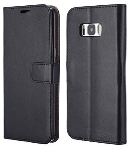 AMAZE!UK Compatible with Samsung Galaxy S8 Case Black Leather Wallet Flip Book Smart Case Samsung S8 (NOT S8 Plus) Kickstand Magnetic Wallet Case Cover (GALAXY S8)