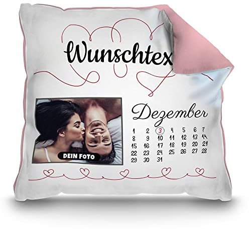 PR Print Royal Kissen Kalender selbst gestalten - mit anpassbarem Jahrestag, Text & Foto Bedrucken - Geschenk Valentinstag, Jahrestag, Paar, Liebe | inkl. Füllung, Rückseite Rosa, 40 x 40 cm