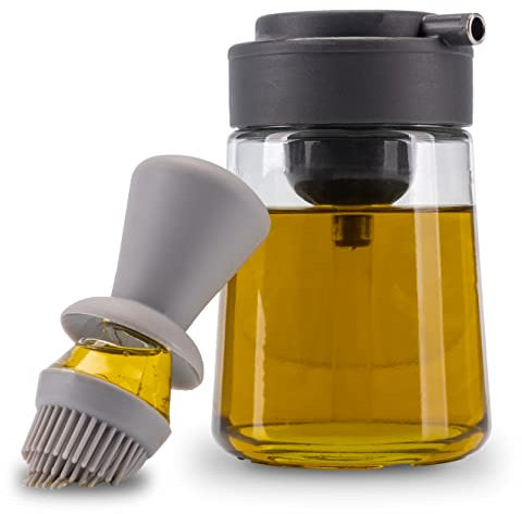 Fino Casa 3in1 Ölflasche mit Pinsel und Ausgießer Ölspender zum dosieren Ölsprüher mit Silikonpinsel Glasflasche 350ml Öl oder Essig Backpinsel (Anthrazit/Hellgrau)