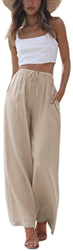Faleave Women's Cotton Linen Summer Palazzo Pants Flowy Wide Leg Beach Trousers with Pockets(Khaki-XL)