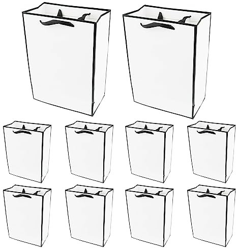 PACK4YA Papier-Geschenktüten mit Schleifenband, Geschenktüte mit Henkel für Geburtstag, Hochzeit, Weihnachtsfeier, Einkaufen, Babyparty 20x10x28 cm (Weiß, schwarzer Rahmen, 10 Stück)