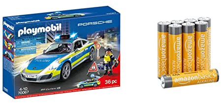 Playmobil 70067 City Action Porsche 911 Carrera 4S Police, Multicolore - Version Allemande & Amazon Basics Piles alcalines AAA 1,5 V pour Le Quotidien - Lot de 8 (Le visuel Peut différer)